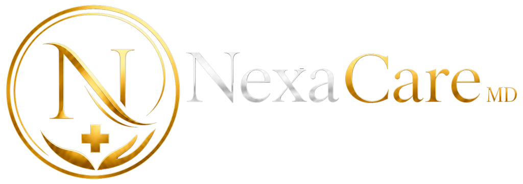 Dr. Onyekachi Obi, MD seated at her NexaCareMD office desk beneath the branded logo wall
